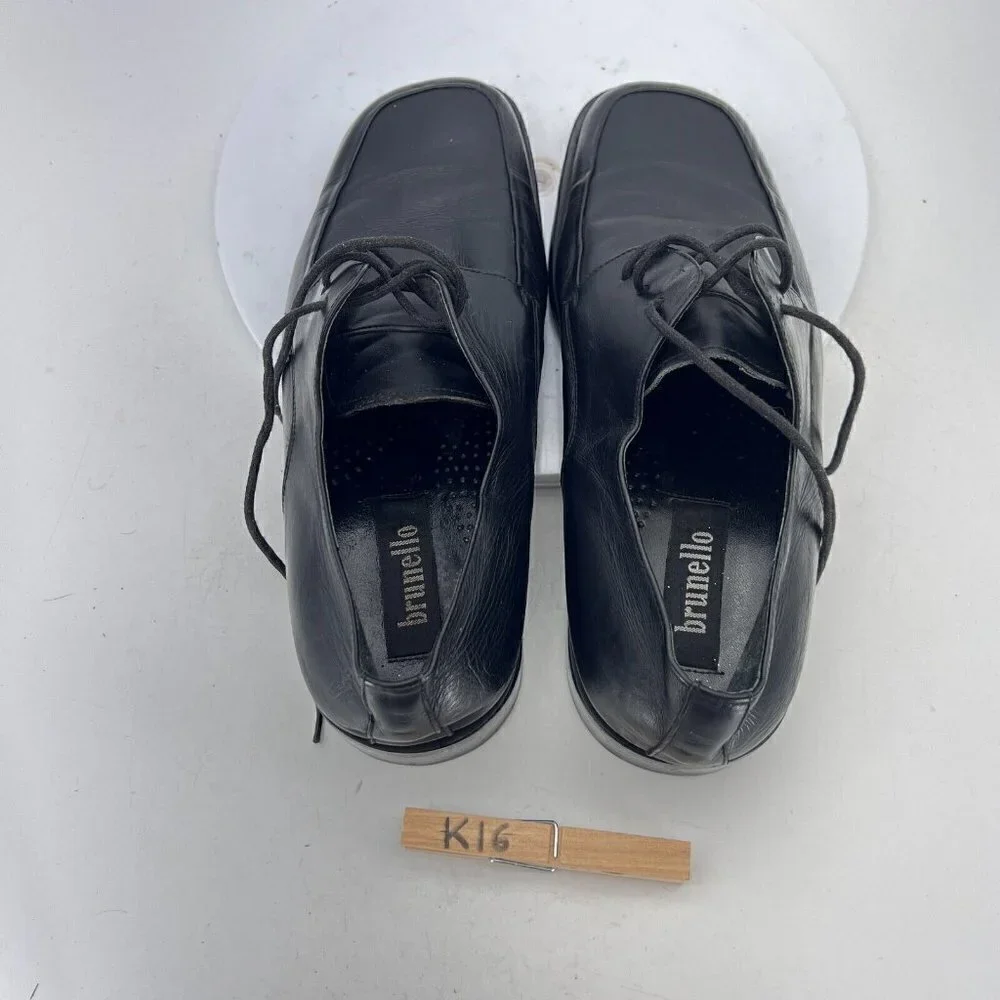 Brunello Men Size 10.5 Black Leather Square Toe Derby Dress Shoes